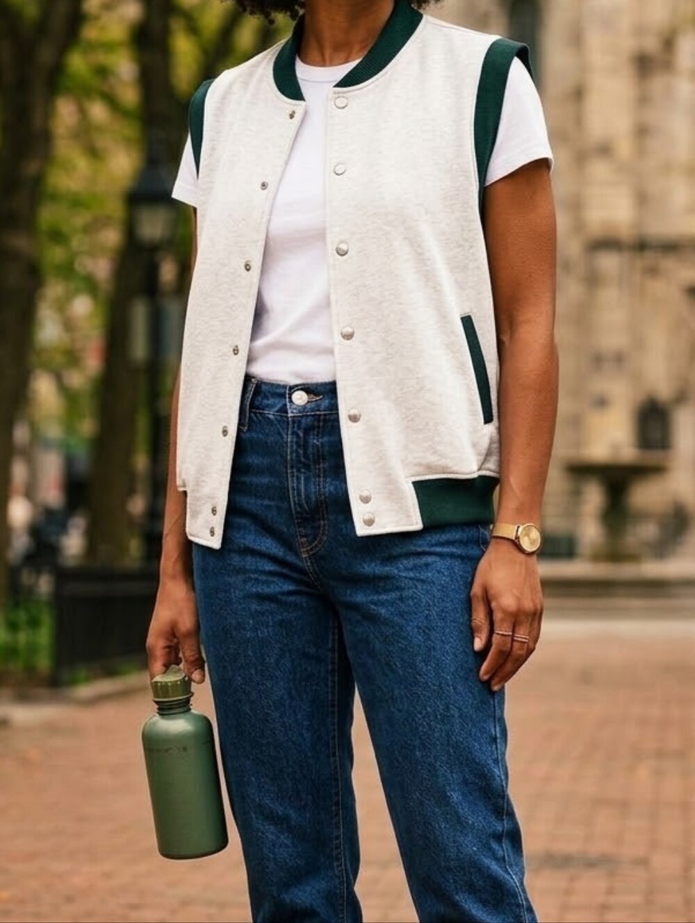 Womens Grey and Dark Green Sleeveless Bomber Vest